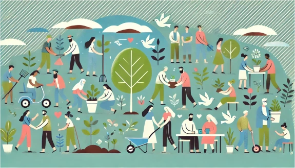 Illustration de personnes de divers horizons unies pour le bien commun, participant à des activités simples comme planter des arbres, partager de la nourriture et interagir avec bienveillance, symbolisant la solidarité et l'engagement communautaire