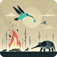 Illustration minimaliste du conte du colibri tentant d'éteindre un feu de forêt en transportant une goutte d'eau, symbolisant l'effort individuel et l'engagement face aux grands défis, même si le geste peut sembler insignifiant.