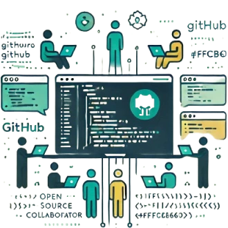 Icône illustrant un projet open source sur GitHub, montrant des développeurs collaborant autour de lignes de code, symbolisant le travail collectif, le partage des connaissances et l'innovation ouverte dans la communauté technologique.